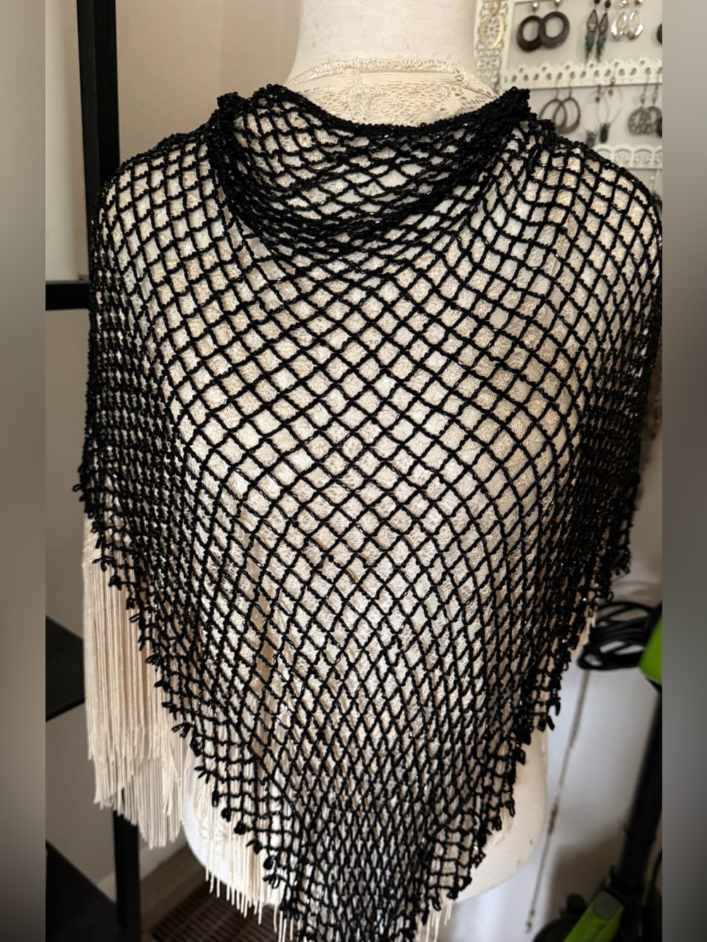 Black Mesh Beaded Crochet Fringe Poncho/Shawl/Scarf. Cover Up.